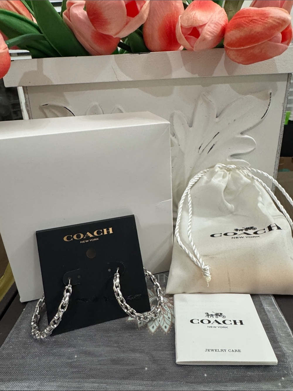 #32 COACH Silver-Tone C-Link Hoop Earrings NWT w Coach Dust Bag & Paperwork